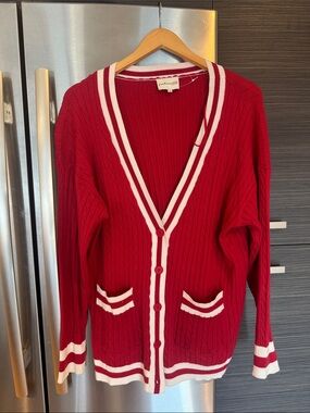 Freshman Red Ribbed Cardigan with White Stripe Trim